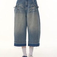 ziziFei夏季美式復古新款藍水洗藍高腰顯瘦直筒闊腿七分牛仔褲女