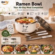 Amlife 1000ml 1300ml 304 Stainless Steel Ramen Bowl with Lid Strainer Handle Utensil Set Double Wall