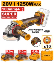 INGCO หินเจียรไร้สาย 4 นิ้ว 20V ไร้แปรงถ่าน (1250W Max) รุ่น CAGLI235152 [ครบชุดแบต 5.0Ah 2 ก้อน]เหน