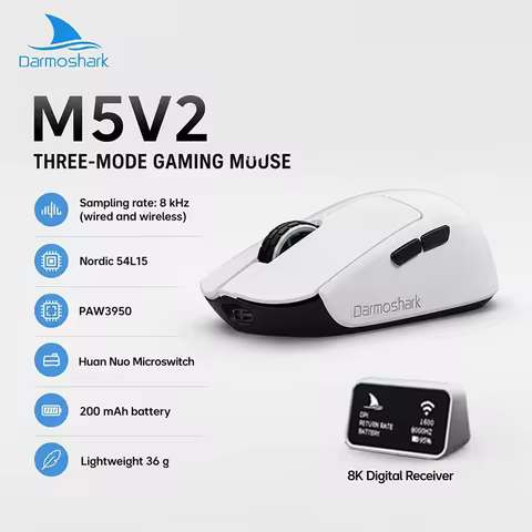 Darmoshark M5V2 Tri-Mode Wireless Gaming Mouse, 8KHz Polling Rate Wired/Wireless, PAW3950, N54L15, 3