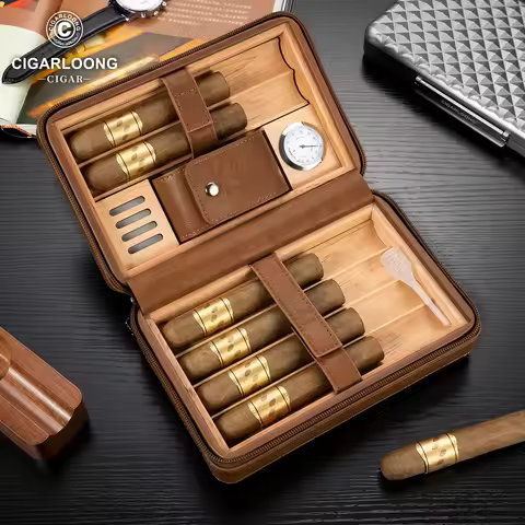 CIGARLOONG Cigar Box Portable Leather Cedar Wood Lining Built-in Hygrometer Multifunctional Portable