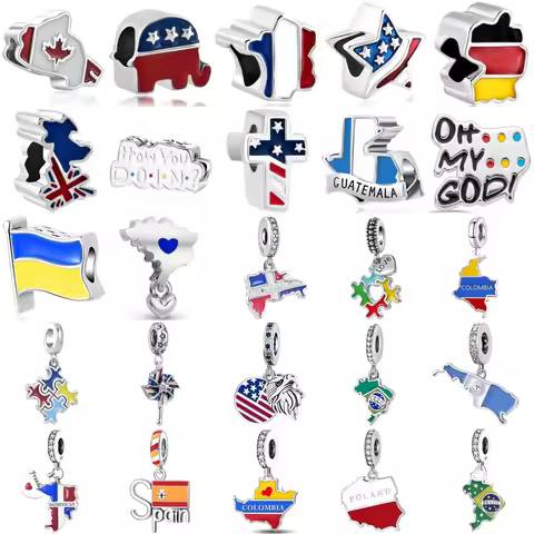 925 Sterling Silver Country Flag Map Charms World National Flag Dangle Beads Fit Travel Souvenir DIY