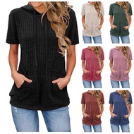 [Ready Stock] Women's Clothing Pit Strip Pocket Hooded Vacation Short-Sleeved T-Shirt Women 2646