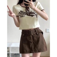 Brown denim t-shirt and skirt set, lovely basic outfit set for women, trendy dynamic skirt set