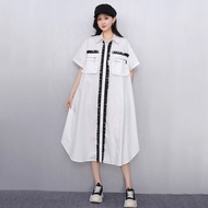 XITAO Patchwork Pocket Contrast Color Dress Turn-down Collar Single Breasted A-line Loose Fitting Si