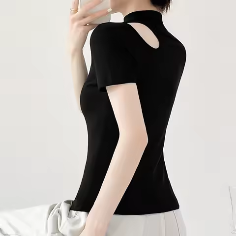 Stretch Knitted Threaded Skeleton Half High Neck Bottom Shirt Women's Inside Long Sleeve T-shirt Tig