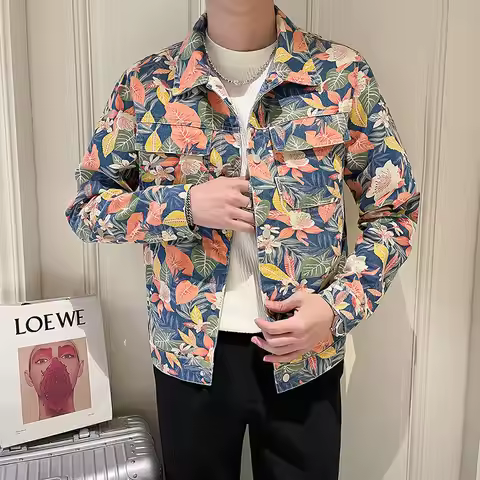 2026 Men's Red Printed Denim Jacket, Single Breasted Square Collar Coat, White Blue Trim, Asian Size