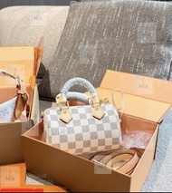 ⭐全新配禮盒 LOUIS VUITTON LV NANO SPEEDY 白棋盤格 帆布 單肩斜挎手提包 女款