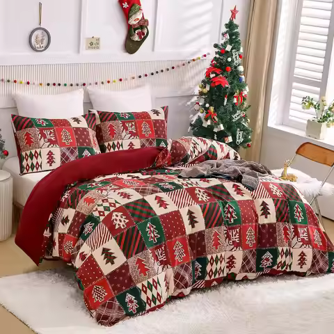 Christmas Duvet Cover Set Patchwork Plaid Red & Green Christmas Tree Printed Soft Duvet Comforter Co