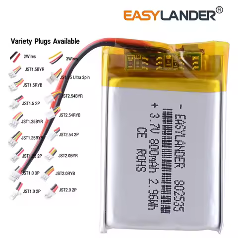 JST2.54 2P JST1.25u 802535 3.7V 800mAh Rechargeable Lithium Lipo Li-ion Polymer Battery
