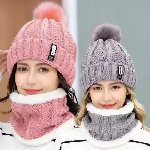 Conjunto de gorro y bufanda de punto grueso para mujer, lana de invierno, cálido