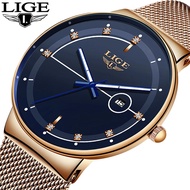 {Miracle Watch Store} LIGE นาฬิกาแฟชั่นผู้ชายนาฬิกาควอตซ์หรูหราบางเฉียบแบรนด์ชั้นนำสำหรับผู้ชายสายรัดข้อมือลายตาข่าย Relogio Masculinos ทองกันน้ำ