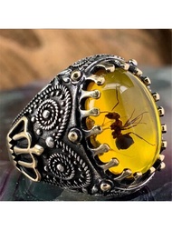 1枚復古大型黃色瑪瑙石鑲嵌蟻子戒指,男士時尚飾品
