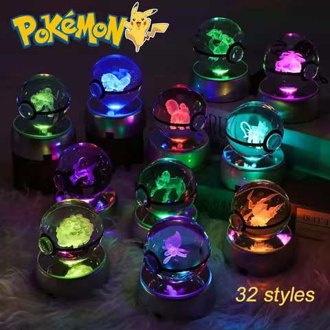 Pokemon 3D Crystal Ball Glastrier Charizard Froakie Anime Game Pokeball Rainbow Led Night Light Base