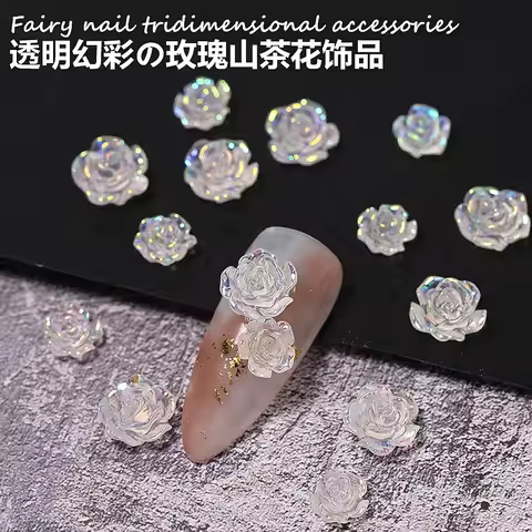 50pcs 3D Camellia Flower Nail Art Decoration 50PCS Resin White Black Aurora Rose DIY French Nails Ch
