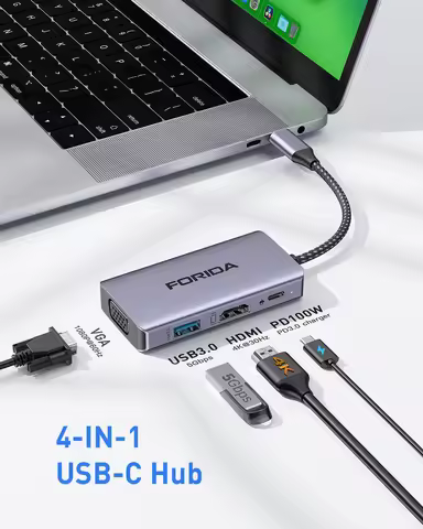 FORIDA 4 in 1 USB C Hub USB Type C to HDMI VGA Adapter with USB 3.0 Hub 100W PD Multiport Adapter fo