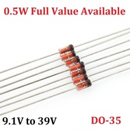 100PCS Brand New 1/2W Zener Diode BZX55C 0.5W 9V1 10V 12V 13V 15V 16V 18V 20V 22V 24V 27V 30V 33V 36