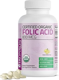 Bronson Organic Folic Acid (Vitamin B9 Folate) 800 mcg Natural Folate from Lemon Peel 360 Tablets