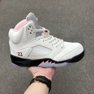 AJ5 Retro High-Top Actual Combat Basketball Shoes Comfortable Versatile Campus Trendy White Pink Bla