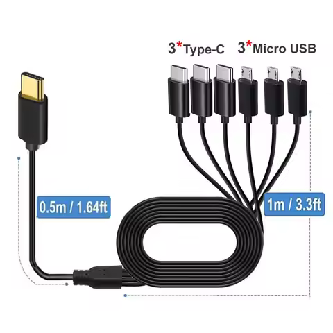 PD 1 to 6 Type C/Micro USB Splitter Cable 3 in 1 USB Multi Cable Fast Charing Cord For Phone MP3 Pla