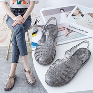 2024 Closed Toe Flats Hollowed Leisure Jelly Rain Boots Shiny Crystal Plastic Shoes Buckle Fashion Roman Sandals