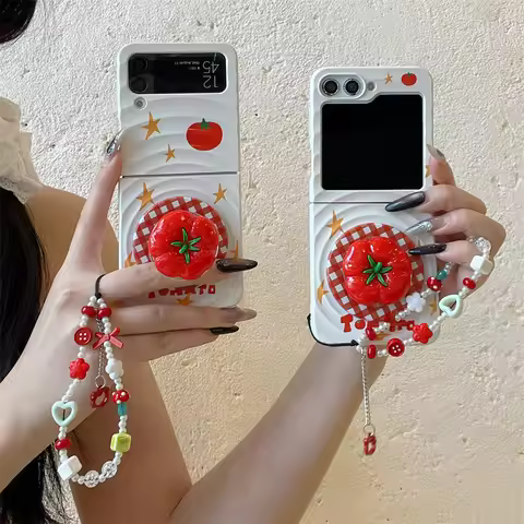 Kawaii Tomato Stand Magnetic Phone Case For Samsung Galaxy Z Flip 8 7 6 5 4 Flip6 Flip7 Cover with M