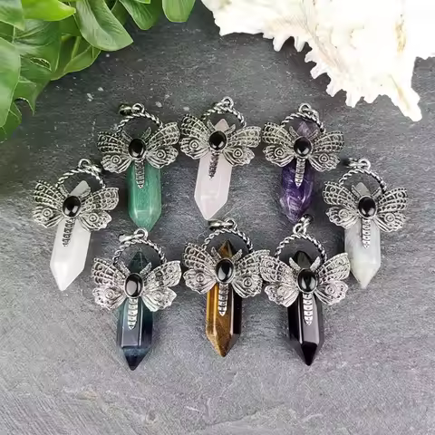 Crystal Hexagon Prism Dragonfly Stone Pendants For Women Necklace DIY Natural Amethyst Quartz Fluori