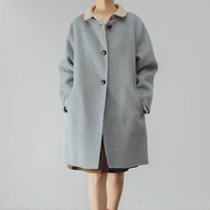 法式復古 少女淺藍灰圓領羊毛手工雙面呢大衣外套