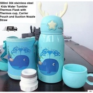 304 Stainless steel Kids Cartoon Water Bottle Vacuum Thermos Flask with Suction Straw, Carrier an Cu