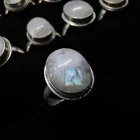 Nepal 925 Sterling Silver Inlaid Natural Moonstone Flower Rings for Girls Nepal Vintage Jewelry T908