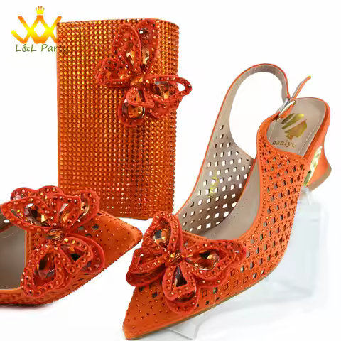 Comfortable Heels New Arrivals African Women Shoes and Bag Set in Orange Color High Quality New Comi