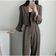 Korean chic retro lapel loose two-button short blazer + high-waisted wide-leg trousers suit for women