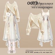 Váy Bohemian Yadan Phong Cách Du Lịch Yunnan Váy Naples Váy Chữ a Dài Tay Dài Cổ Chữ V Váy Mùa Thu V