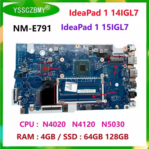 NM-E791 For Lenovo IdeaPad 1 14IGL7 / 1 15IGL7 Laptop Motherboard 5B21J23566 / 5B21J30209 with CPU N