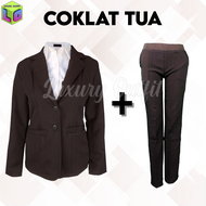 One Set Setelan Jas Blazer Celana Bahan Panjang Pinggang Karet Wanita Stelan Jas Kerja Kantor Cewe P