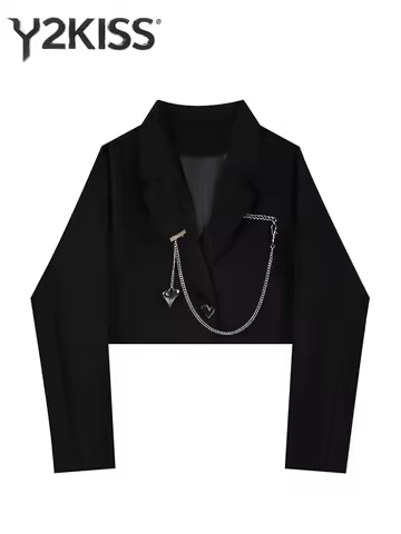 Women's Crop Jacket Y2k Dark Academia Black Blazer Designer 2000s Street Wear Chain Outwears Tide Ne