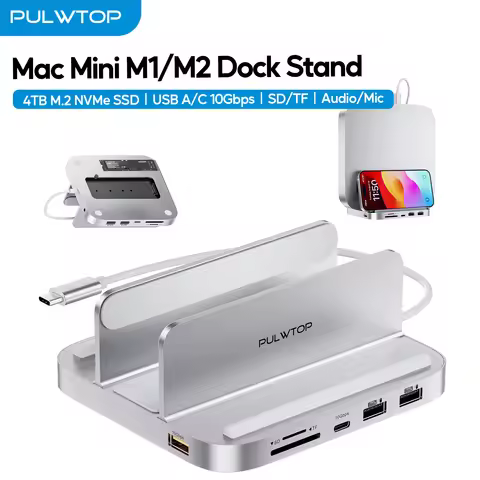 PULWTOP USB-C Stand Hub with SSD Enclosure for Mac Mini, 8-in-1 Vertical Mac Mini Dock,for 2018 Late