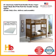 #1 Americana Solid Wood Double Decker Super Single Bunk Bed With Pull Out Trundle Storage Option(FOC:ASSEBLE &amp; DELIVERY)