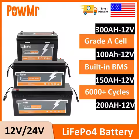 PowMr 12V/24V LiFePO4 Battery 100Ah 150Ah 200Ah 300Ah Battery Pack Built-in BMS 6000 Cycle Home Car 