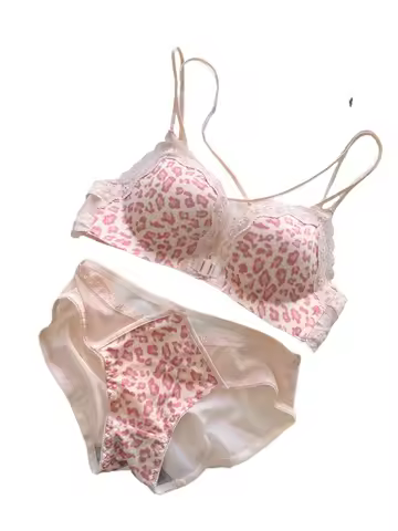 MOYISU Victoria Style Wireless Lingerie Set, Pink Leopard Pattern Front Closure Bra, Sensual Back Pu