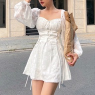 Ka5 French Mesh Puff Sleeves Dress - Square Neck with Bandage Waist