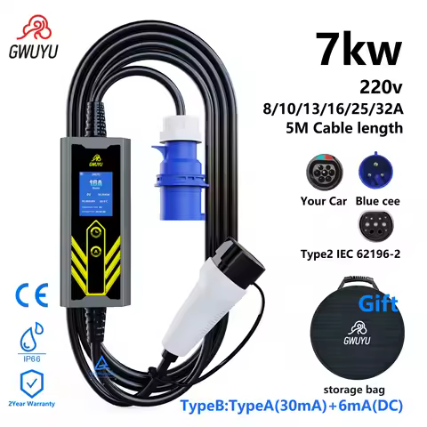 GWUYU 7KW 11KW Portable EV Charger Type2 5M Cable Adjustable Current Delay Charging EU Standard EV C