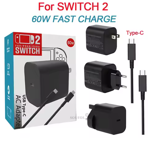 60W AC Adapter EU/US/UK Plug Fast Charger Compatible with NS Switch 2 / Steam Deck Accessories USB T
