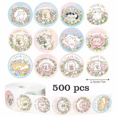 500 Stickers, Floral Cat Thank You Quote Stickers, 12 Styles Round 1in Cute Animal Stickers for Gift