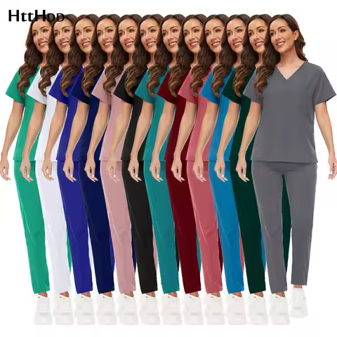 Multicolour Nursing Scrubs Uniforms Sets Classic V-neck Short Sleeved Top+pants Suits Dental Clinic 