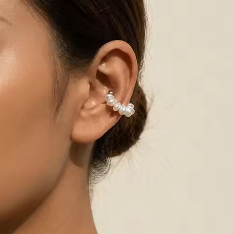 Hip Hop Imitation Pearl C Shape Ear Cuff Golded Metal Fake Piercing Earrings Thick Irregular Pearl S
