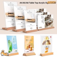 AMBER1 Table Top Sign Holder, Acrylic Double Sided Menu Display Stand, Creative A4/A5/A6 with Wood Base Picture Card Frame Home Office