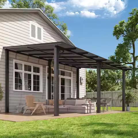 16x10 Wall Mounted Gazebo with Aluminum Frame & Polycarbonate Sloped Roof for Patio Backyard Porch D