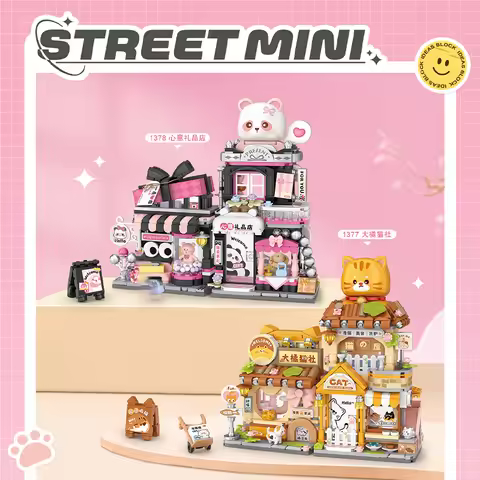 LOZ New Big Orange Cat Society Pet Store Gift Shop Building Block Panda Tea House Home Decora Assemb