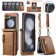 For Samsung Galaxy Z Flip 7 FE 6 5 4 3 Leather Zip Wallet Case Stand Shockproof Cover Strap